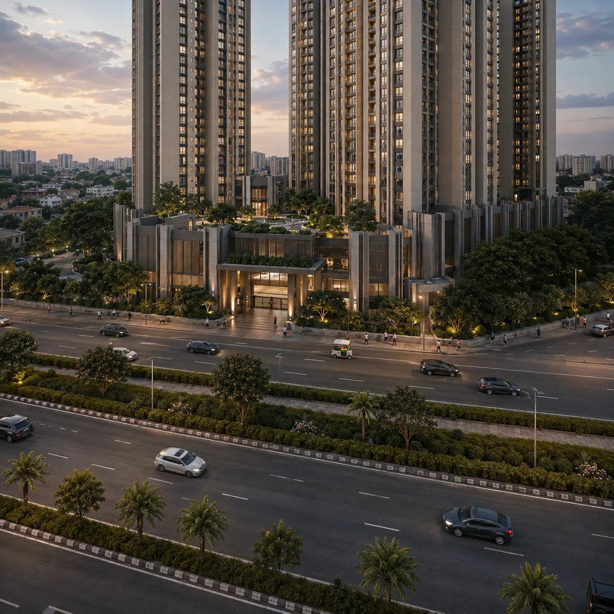 Pride Tumkur Road five indicative residential towers rising to a stated 98.35 m above the NH-48 frontage at Doddabidarakallu, Nagasandra, Bengaluru, with the service road and the Nelamangala and Majestic carriageways in the foreground Pride Tumkur Road five indicative residential towers rising to a stated 98.35 m above the NH-48 frontage at Doddabidarakallu, Nagasandra, Bengaluru, with the service road and the Nelamangala and Majestic carriageways in the foreground