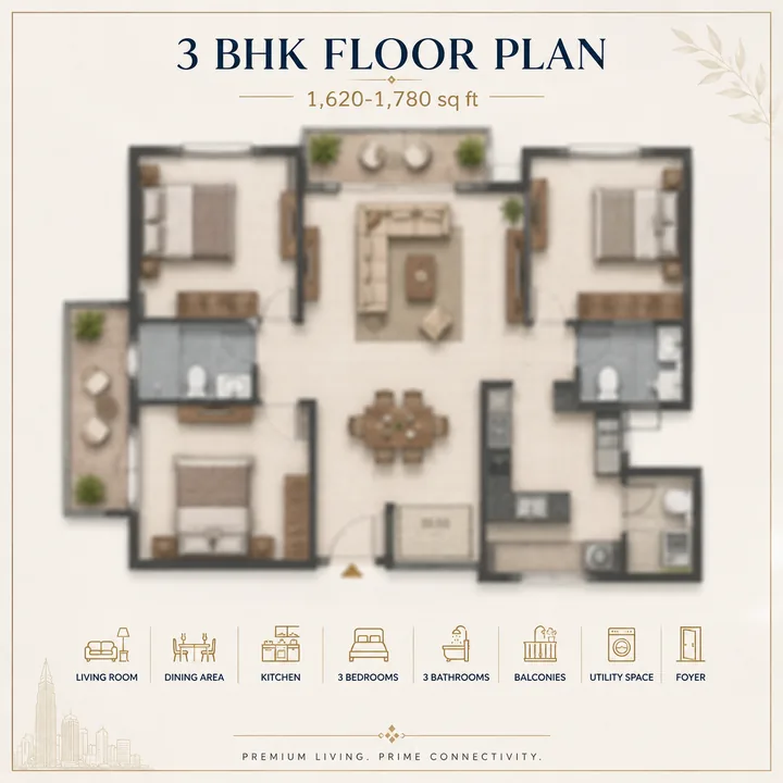 Pride Tumkur Road 3 BHK apartment floor plan, indicative 1,620 to 1,780 sq ft Pride Tumkur Road 3 BHK apartment floor plan, indicative 1,620 to 1,780 sq ft